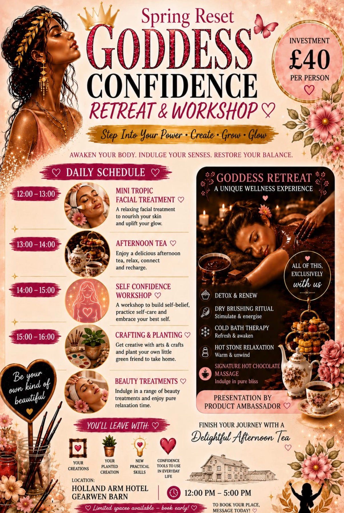 Spring Reset Goddess Confidence Retreat and Workshop flyer — £40 per person, Holland Arm Hotel, Gearwen Barn, 12pm to 5pm